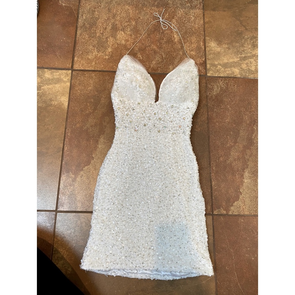 White sequined halter with lace mini dress jovani